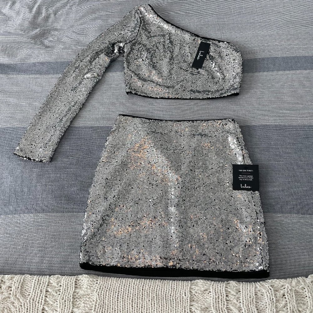 Silver Sequin One-Shoulder Two Piece Mini Dress LuLu's